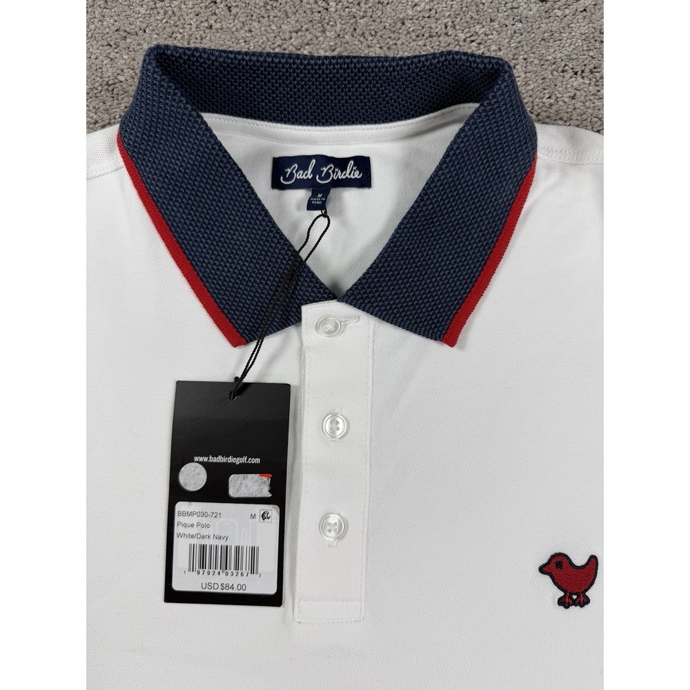 Bad Birdie Men's Golf Polo Shirt, Large Med, White, Red & Blue, NWT